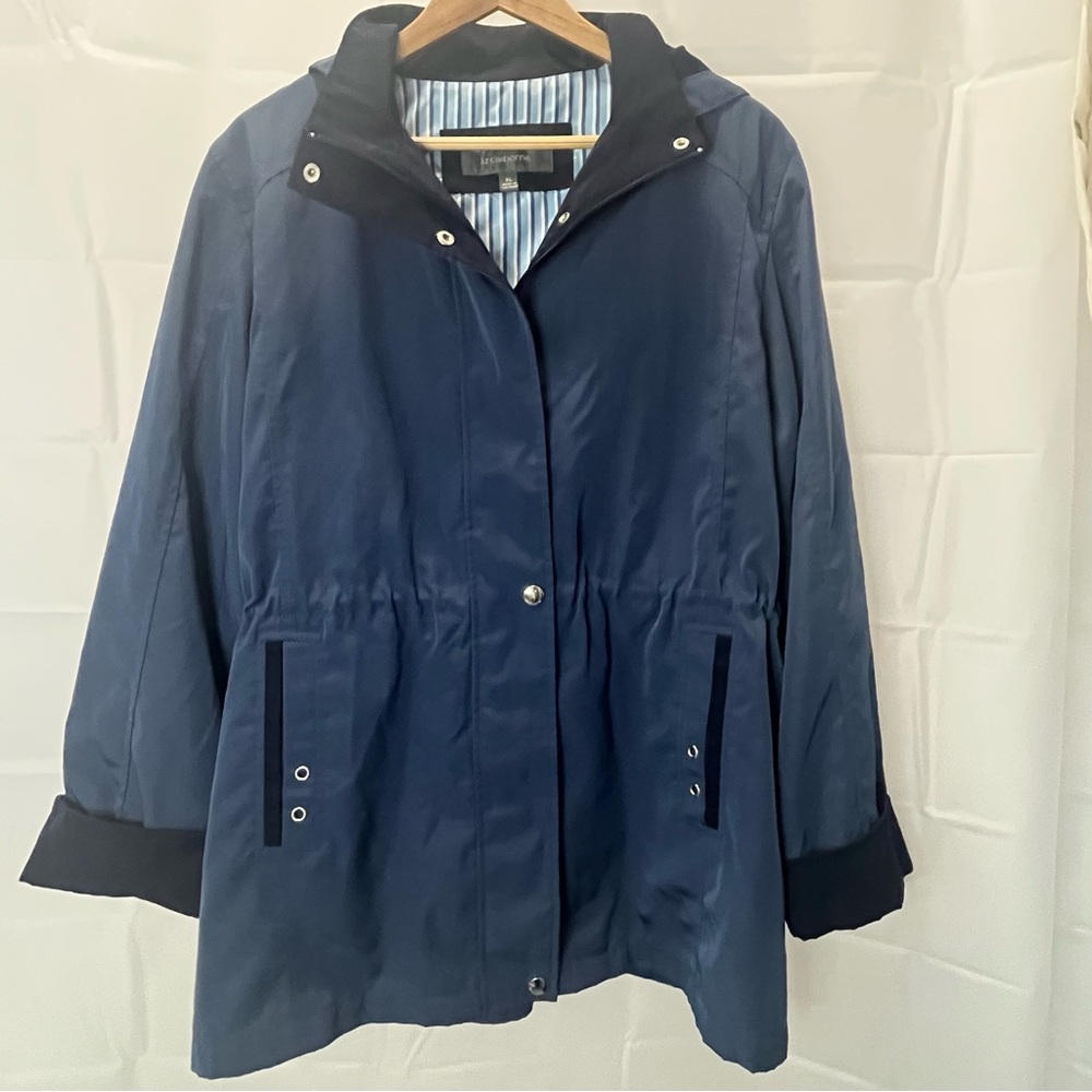 Liz Claiborne Rain Jacket Women’s XL Navy Blue Removable Hood Drawstring Waist